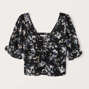 NWT A&F Cinched Front Puff Sleeve Top, Black Floral